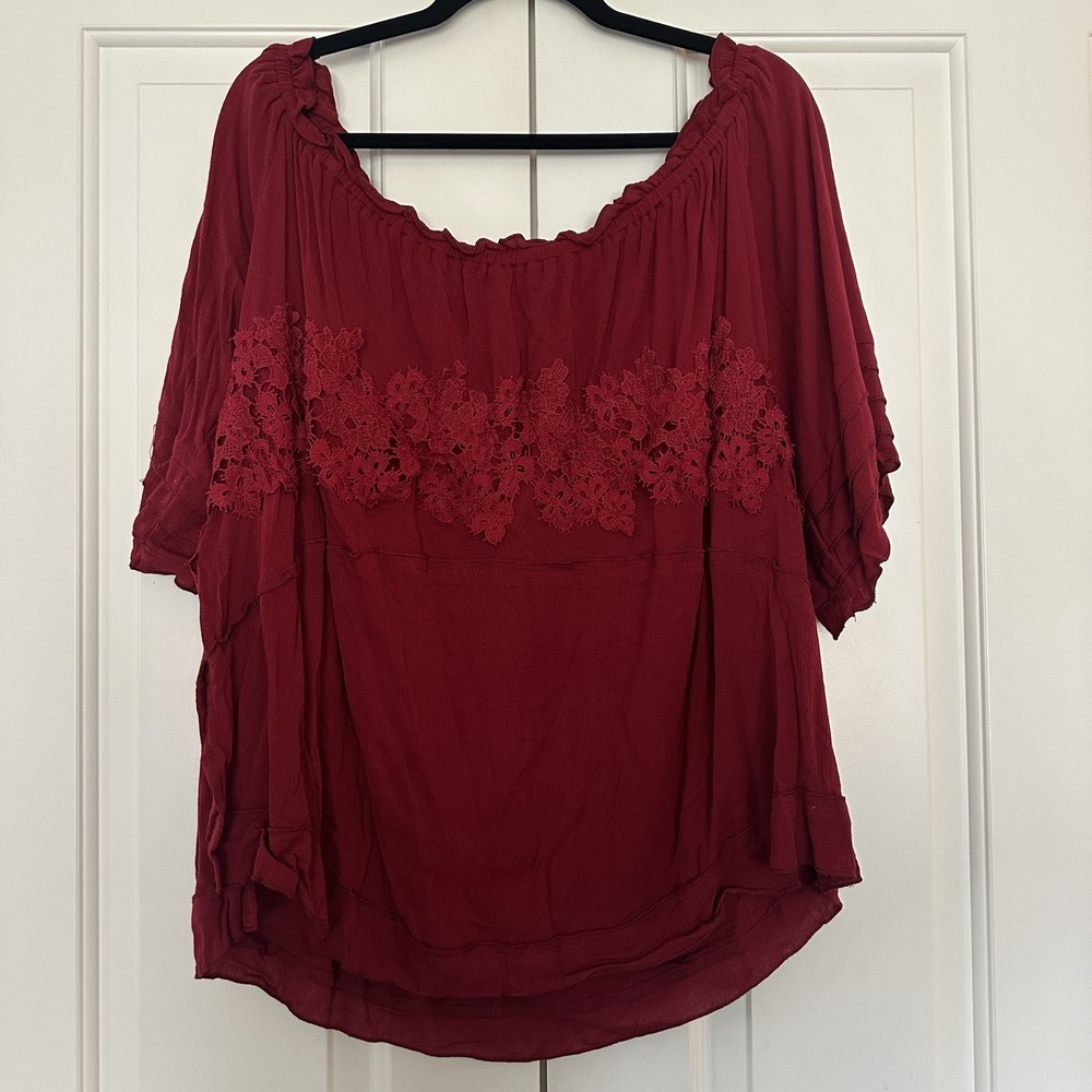 Shein Curve Blouse Women 4XL Red Off Shoulder Crochet Lace Ruffle Tunic Top Boho